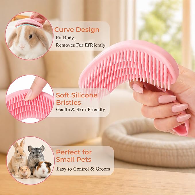 Small Silicone Grooming Brush for Guinea Pigs & Small Pets | Small Pet Fit | Soft Low-Stimulation Brush | Curved Pet Fit | Daily Bonding | Rinse-Clean Head