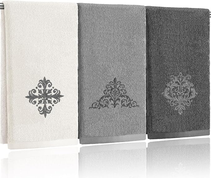 3 Pcs Decorative Hand Towels for Bathroom | 13.3 x 29.5'' Fancy Vintage Damascus Embroidered 100% Cotton Towels Farmhouse Decor for Bathroom Kitchen