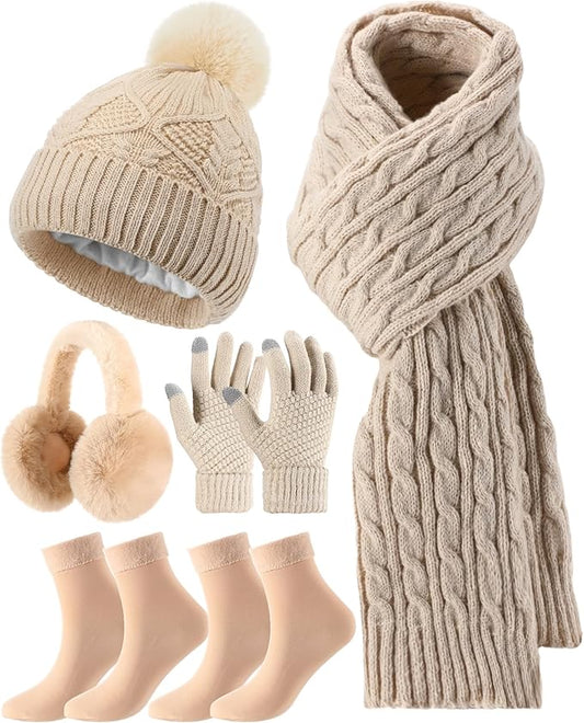Geyoga 6 Pcs Winter Warm Set for Women Warm Beanies Hats Touchscreen Gloves Long Scarf Ear Muffs Socks Winter Gifts for Women