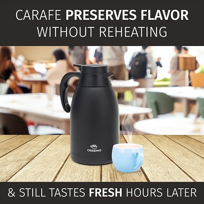 Thermal Coffee Carafe 68 oz by Cresimo – Updated 2025 Model – Insulated Black Stainless Steel Coffee Urn & Drink Dispenser, Keeps Drinks Hot 12h / Cold 36h – Durable & Easy to Pour