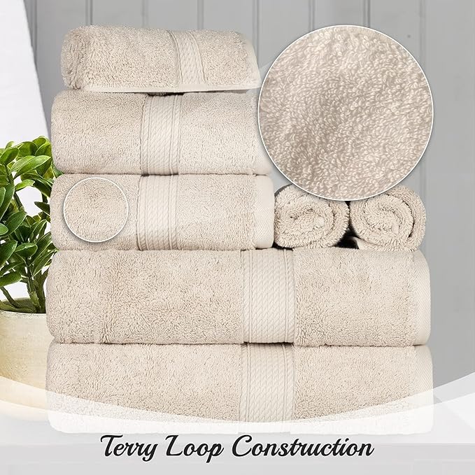 BLUENILEMILLS Madison Egyptian Cotton Towels, Towel Set for Bathroom, Shower, Hotel, Plush, 900 GSM, Highly Absorbent and Ultra-Soft Towels, Bath Essentials, 8 Piece Assorted Towel Set, Cream