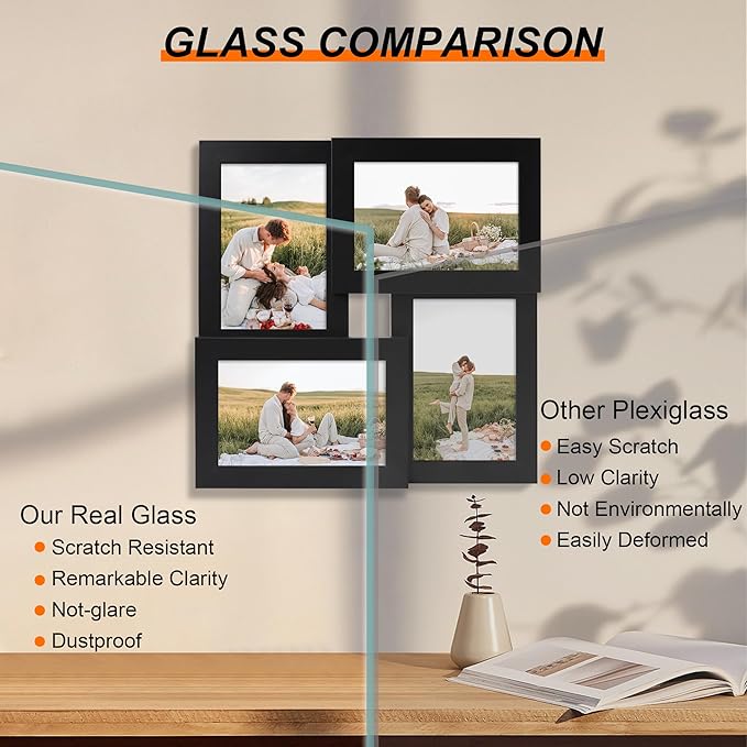 4x6 Collage Picture Frames Set of 1, Multi Family Photo Frame with Real Glass, Displays Four 4x6 Photo, Wall Decor Wall Hanging or Tabletop, Black