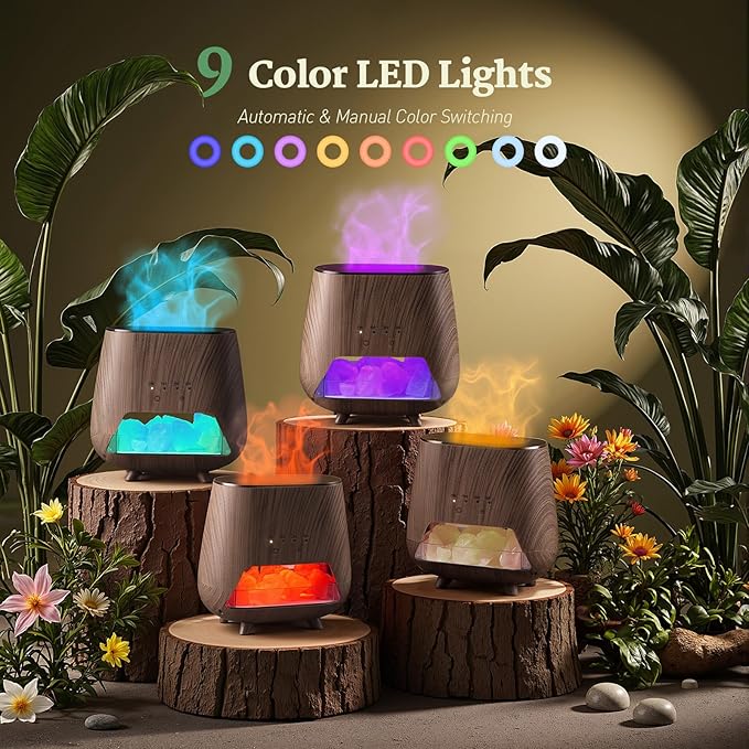 Essential Oil Diffuser for Home: 200ml Wood Grain Aromatherapy Diffuser with Himalayan Pink Salt Rock, Scent Diffusers with Auto Off Function and 9 Colors LED Night Light for Bedroom, Black