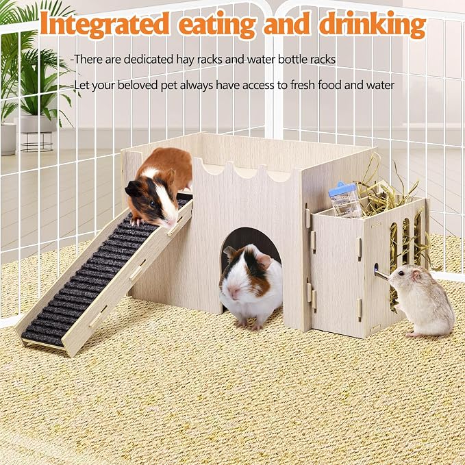 kathson Wood Guinea Pig Hideout Small Rabbit Hideout with Water and Hay Feeder Ramp, Easy to Assemble Wooden Hamster House for Small Animal Bunny Chinchilla Rat Hedgehog with 2xGuinea Pig Cage Liners