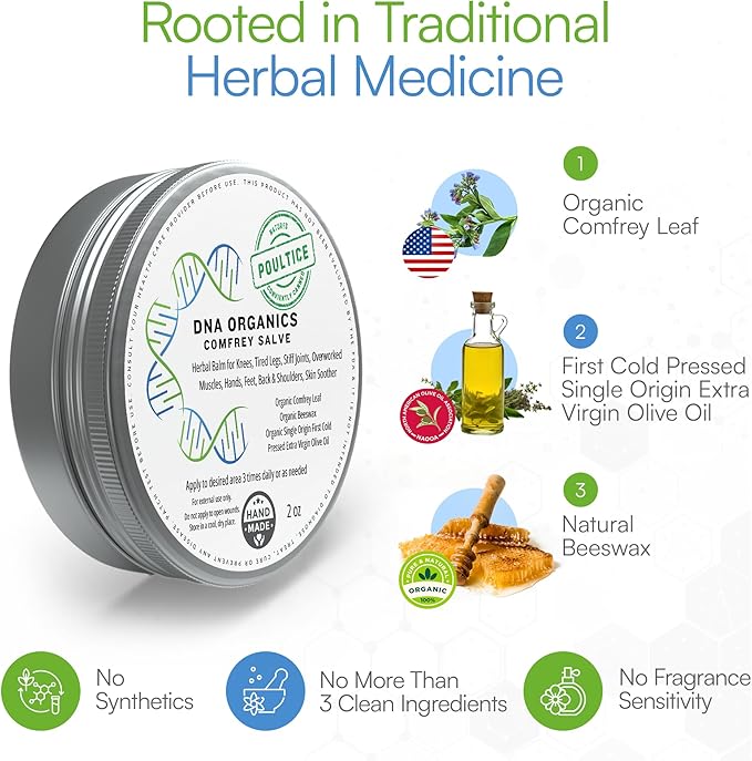 DNA Organics Comfrey Salve Ointment 2oz – Organic Herbal Salve for Bones, Muscles, Joints, Knees, Skin & Tattoo Care. Herbal Balm for Soothing Relief. Handcrafted, Slow-Infused, No Chemical Fillers