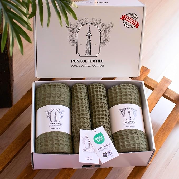 PÜSKÜL - Premium Waffle Towel Set 4 Pieces Khakie Green - Organic 100% Turkish Cotton Quick-Dry Towels for Bathroom Made in Turkiye (Khaki Green, Towel Set - 2 Hand & 2 Bath Towels)