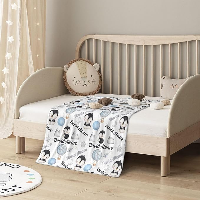 Ship Next Day Personalized Baby Blanket, Printed in USA - Custom Name Toddler Blanket with Penguin Pattern, Personalized