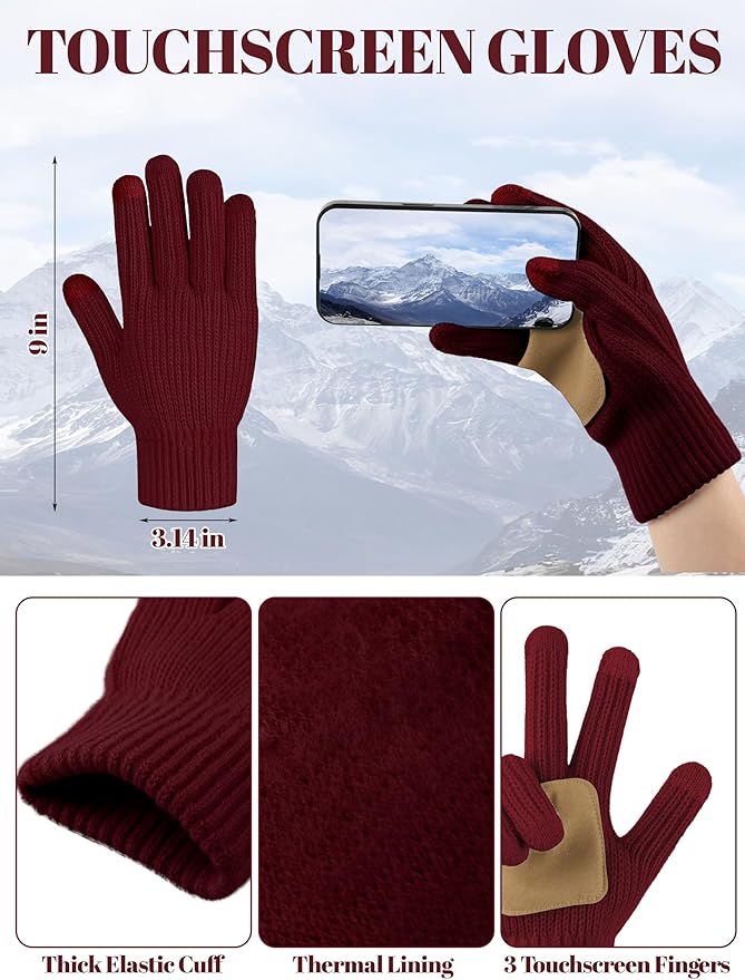 LOROME Women Winter Beanie Hat Scarf Gloves Set, Fleece Knitted Pompom Hat Warm Neck Scarf Touchscreen Gloves Winter Gift