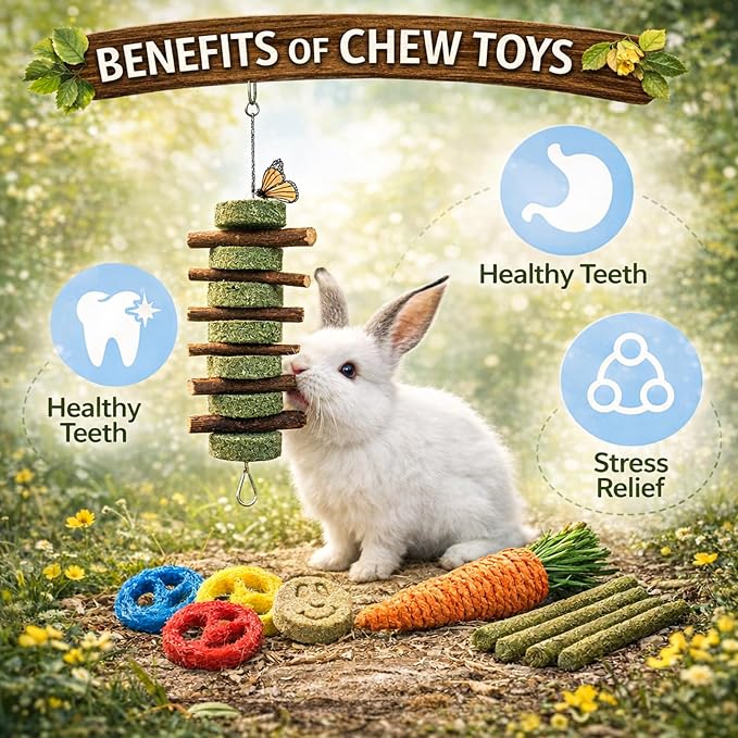 Grddaef 20 PCS Bunny Chew Toys for Teeth, Natural Rabbit Toys Apple Wood Grass Timothy Sticks Chew and Treat for Guinea Pigs Hamster Chinchillas