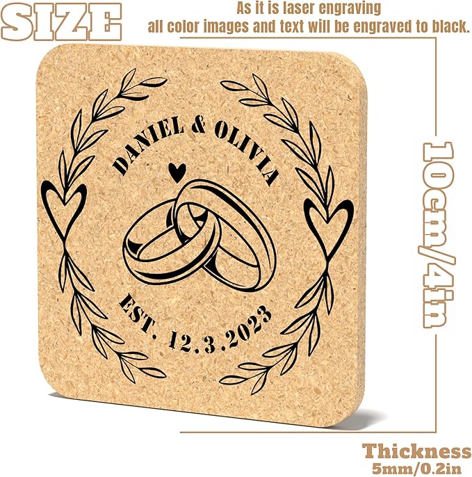 30 Custom Coasters, Personalized Cork Coaster Laser Engraved with Own Design Logo Text, Non-Slip Heat-Resistant Custom Cork Coaster for Wedding, Anniversary, Family Reunion Gifts (Square)
