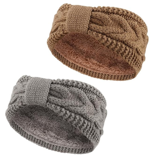 AQOKKA Knit Winter Headbands for Women Fuzzy Wool Fleece Lined Ear Warmers Elastic Turban Crocheted Head Wrap Winter Accessories for Women Cold Weather