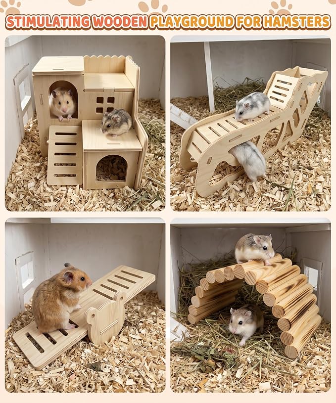 Hamster Cage Accessories, Rat Guinea Pig Chew Toys Ball Set | Silent Wheel, Maze Wood House and Water Bottle, Habitat Hideout Natural Molar Tools for Hamster, Guinea Pig, Bunny, Rabbit