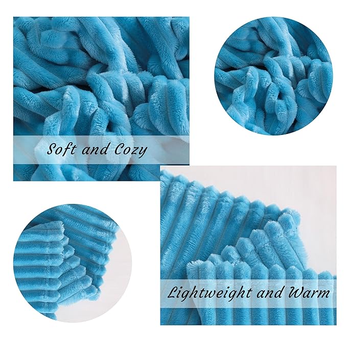 NTBAY Plush Flannel Twin Bed Blanket, 60x80 Inches Soft and Warm Lightweight Bed Blanket with Striped Texture for Couch, Sofa, All Seasons, Blue