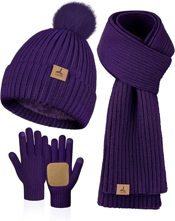 LOROME Women Winter Beanie Hat Scarf Gloves Set, Fleece Knitted Pompom Hat Warm Neck Scarf Touchscreen Gloves Winter Gift