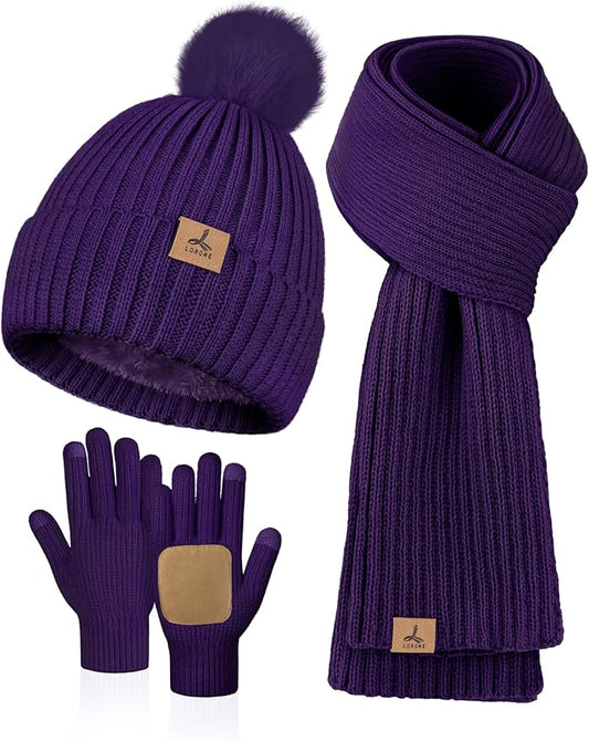 LOROME Women Winter Beanie Hat Scarf Gloves Set, Fleece Knitted Pompom Hat Warm Neck Scarf Touchscreen Gloves Winter Gift