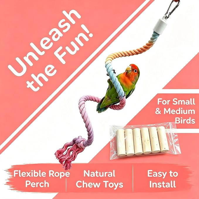 Bendable Parrot Rope Perch with Wood Chew for Parakeet Cockatiel | Soft twisted cotton rope, natural wood chew blocks, bendable design, beak trimming, fits standard wire bird cages