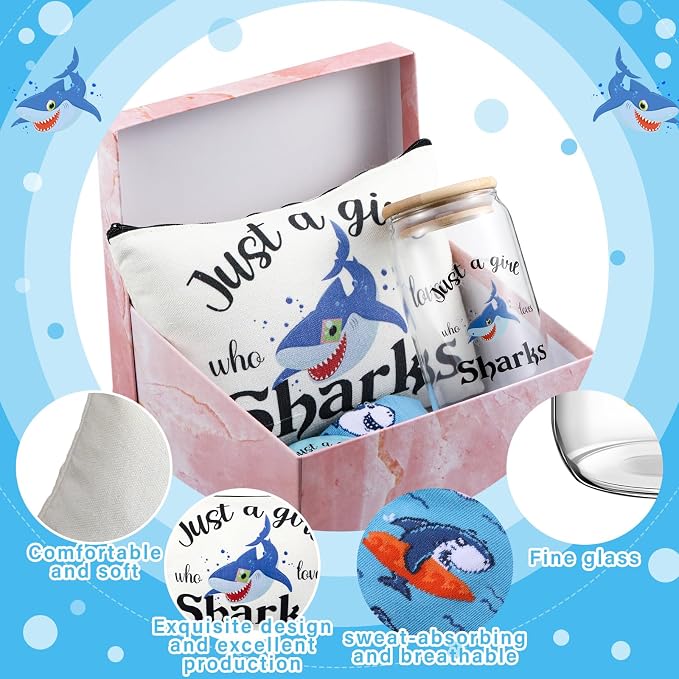 Kacctyen 5 Pcs Christmas Shark Gifts for Women Funny Shark Lovers Stuff Accessories 16 oz Glass Cup Tumbler with Lid Straw Cosmetic Makeup Bag Sock Mirror Box for Birthday Animal Lover Presents