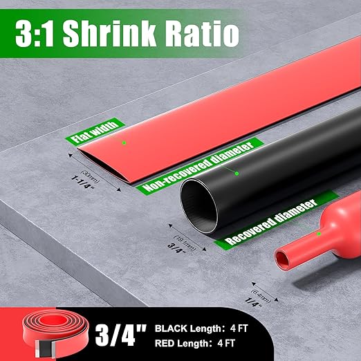 ELECFUN 3/4 Inch 8 Ft Heat Shrink Tubing Roll, 3:1 Marine Grade Adhesive Lined Heatshrink Wire Tube, Waterproof Dual Wall Wiring Wrap for Cable Sealing Oil-Proof Wear-Resistant (4 ft Black & 4 ft Red)
