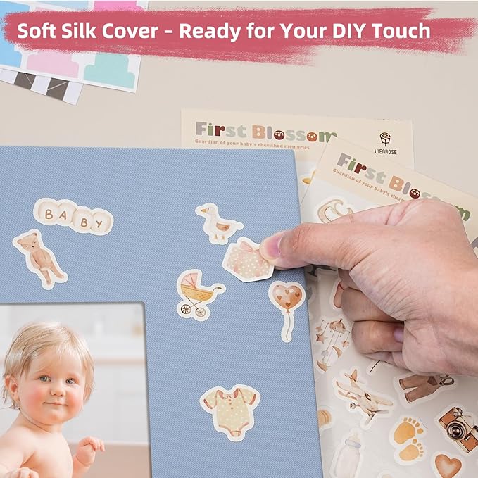Vienrose Kids Scrapbook Album 10.4"X10.0" with Window Silk Fabric Cover Acid-Free Pages Personalised DIY Photos Scrapbooking for Baby Memory Book, First Year Keepsake Journal Gift Boy Girl, Blue