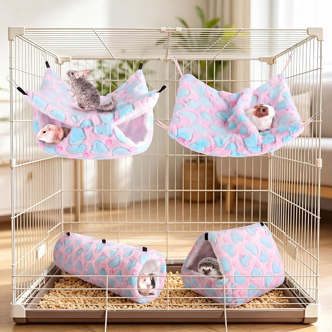 MCEAST 4 Pieces Small Pets Cage Accessories Hanging Hammock Sleeping Bag Tunnel and Bed Hideout Set Warm Sleep Nap Sack Bed for Hamster Ferret Squirrel Rabbit, Pink Hearts