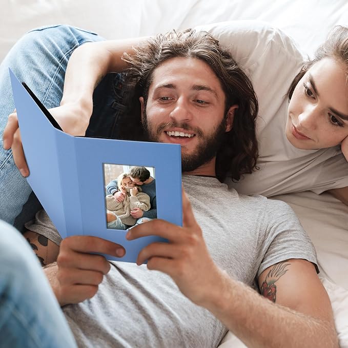 2 Pack Photo Album Holds 48 Pockets with Linen Cover and Customizable Window, Fits 4x6 Photos, Archival Black Pages, Blue