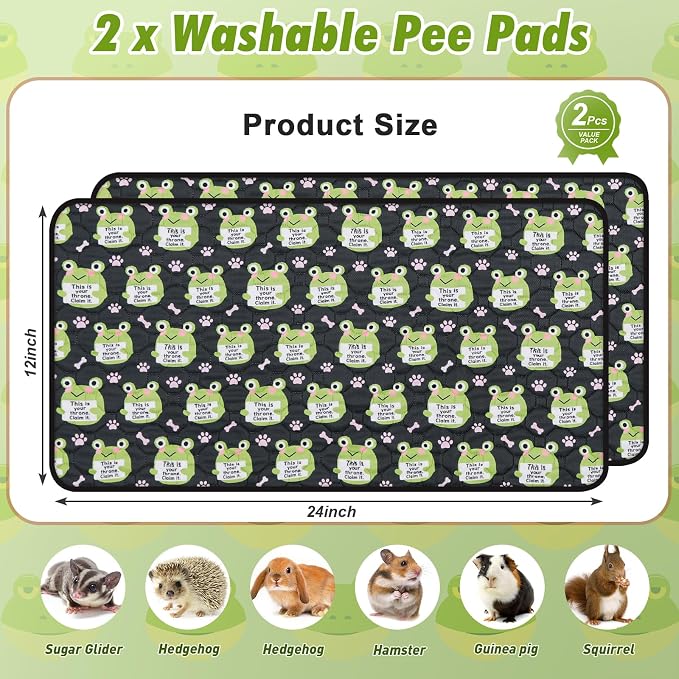 2PCS Reusable Guinea Pig Cage Liners,12"x24"Washable Fast Absorbent Odor Resistant Anti-Slip Training Pee Pads, Funny Frog Pattern,Options for Guinea Pigs, Rabbits, Hamsters, Rats, Chinchillas