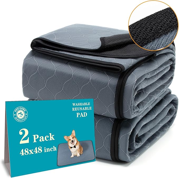 Bunlitent Washable Pee Pads for Dogs, 48x48, 2 Pack, Reusable Puppy Pads | Reusable, Quick Dry, Anti-Slip, Large, Waterproof, Whelping Pad for Pet, Playpen, Incontinence, Housebreaking, Training, Grey