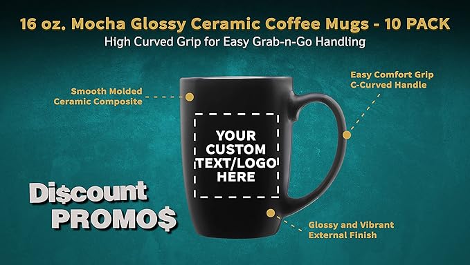 DISCOUNT PROMOS 10 Large Mocha Glossy Ceramic Coffee Mugs Set, 16 oz. - Customizable Text, Logo - Stoneware, Smooth, Durable, C-handle - Black