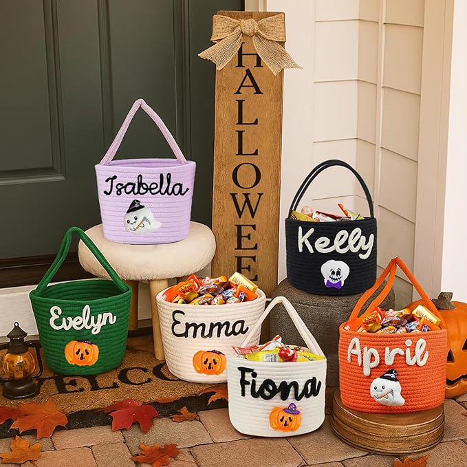 Personalized Halloween Baskets Gift for Kids, Custom Woven Candy Bucket with Name, Halloween Trick or Treat Basket