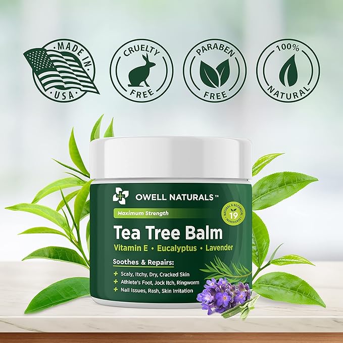 OWELL NATURALS Tea Tree Antifungal Balm – Soothing & Fast-Acting Relief for Athlete’s Foot, Jock Itch, Dry Cracked Skin, and Rashes – Natural Healing Ointment for Feet & Body, 2 oz (2 Pack)