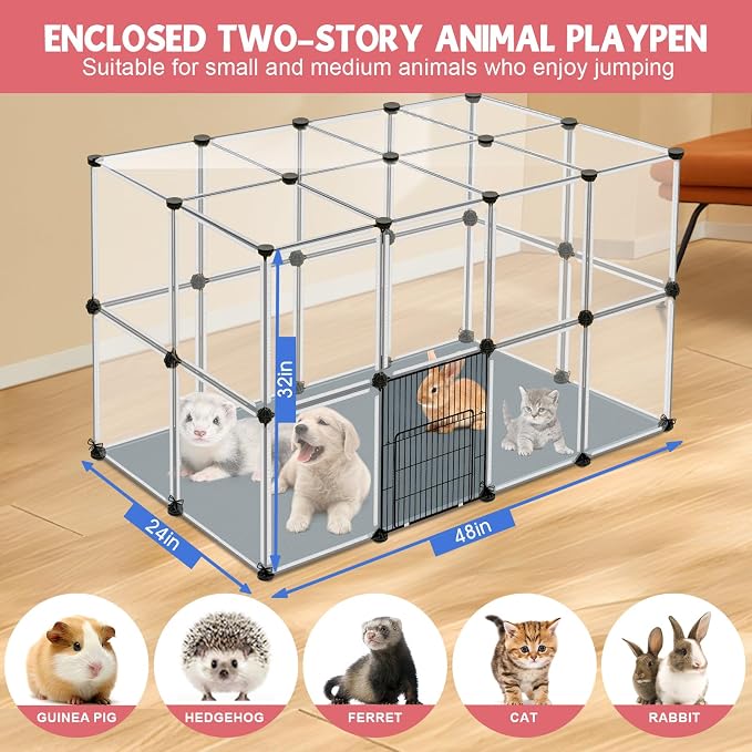 VISCOO 32 Panels Small Animals Playpen,48"x32"x24"Transparent Pet Playpen | Portable Puppy Play Pen for Indoor Outdoor with Waterproof Mat, Pet Fence for Guinea Pigs,Bunny,Ferrets,Hamsters,Hedgehogs