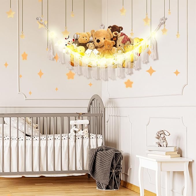 CERETIA Stuffed Animal Hammock with LED Light, Large Stuffed Animals Storage Corner Plushie Net for Kids Room Decor, 2 Packs White