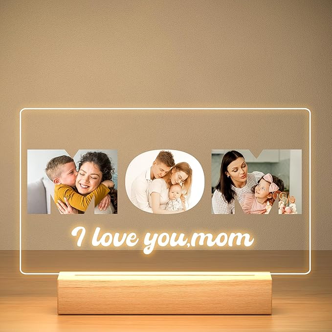Custom MOM Picture Frame with Photos, Personalized Photo Frame with Night Light, Personalized Mothers Day Gifts for Mom, Personalized Mom Birthday Gifts from Daughter & Son