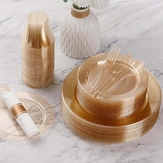 Goodluck 350 Piece Gold Glitter Plastic Dinnerware Set for 50 Guests, Disposable Plates for Party, Include: 50 Dinner Plates, 50 Dessert Plates, 50 Rolled Napkins with Silverware, 50 Cups