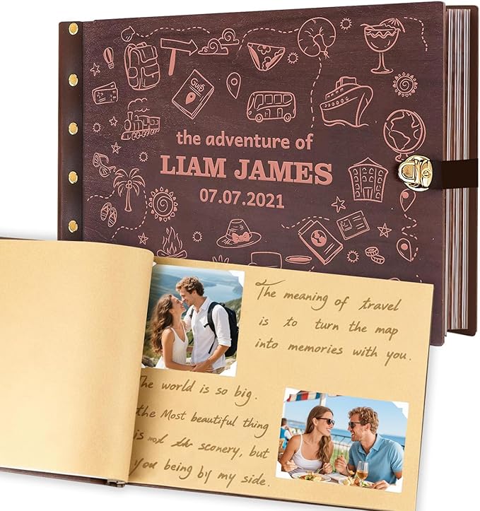 Personalized Adventure Photo Album,Wooden Memory Books for Keepsakes, Custom Travel Scrapbook Craft Kit, DIY Adventure Book for Couples, Travel Memories, Adventure Lovers