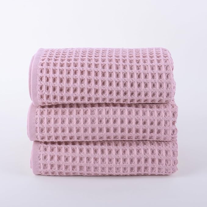 PÜSKÜL - Set of 3 Organic Waffle Hand Towel Pink - Premium Quality, 100% Turkish Cotton, Soft, Quick-Dry, Absorbent, Lint-Free Face Kitchen Hand Towels (Pink Powder, Hand Towels - Pack of 3)