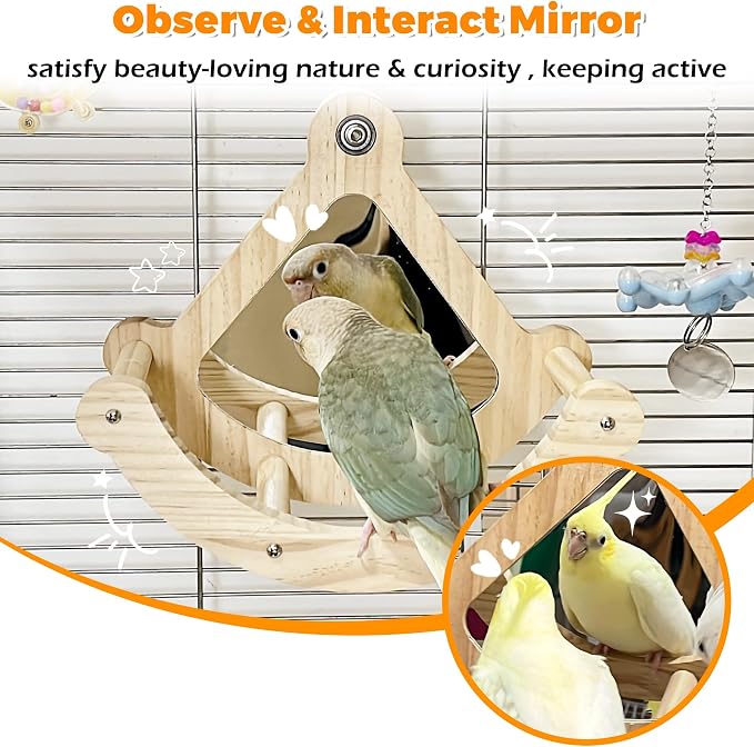 Rocking Bird Perch Toy with Mirror for Cage, Enrichment Parakeet Toys | Wood Exercise Wheel Cockatiel Toys, Birds Enrichment Toy for Parrot, Interactive Cage Accessories Perch for Budgie Conure