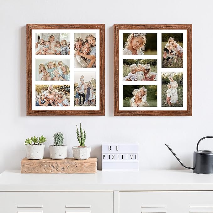 11x13 Collage frame with 5 Openings 4X6 Pictures, Multiple Picture Frame with Mat, Wall or Tabletop Decor, Carbonized Brown Wood Grain,2 Pack
