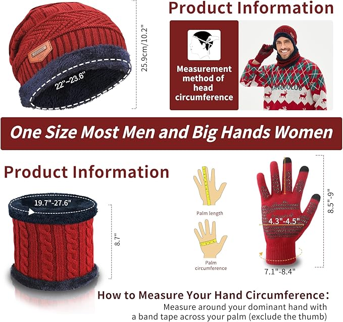 MAYLISACC Winter Knit Beanie Hat Neck Warmer Scarf and Touch Screen Gloves Set 3 Pcs Fleece Lined Skull Cap for Men Women