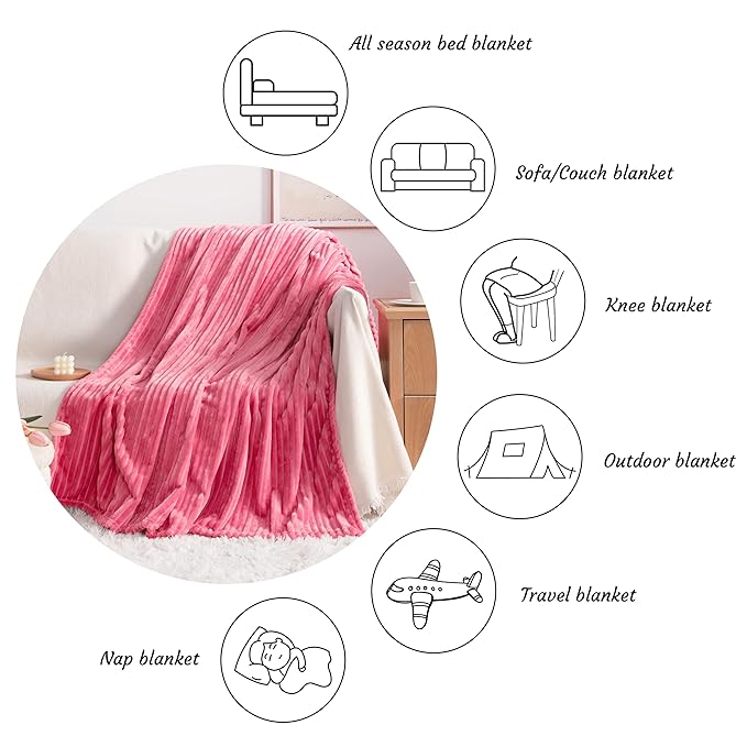 NTBAY Plush Flannel Twin Bed Blanket, 60x80 Inches Soft and Warm Lightweight Bed Blanket with Striped Texture for Couch, Sofa, All Seasons, Coral Pink