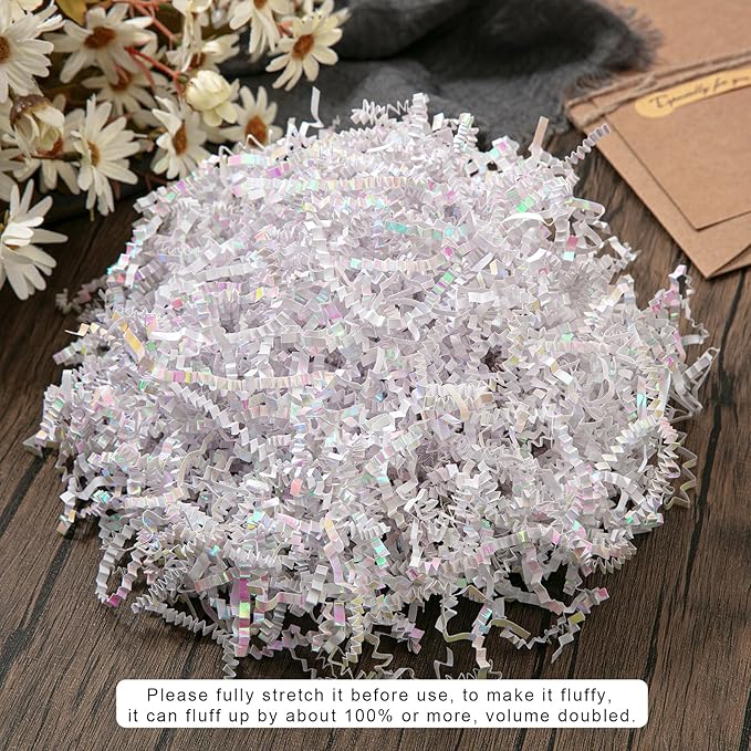 Mefleet 1/2 LB Crinkle Cut Paper Shred Filler 8 oz Diamond White Crinkle Shredded Paper for Gift Box - Gift Basket Bag Filler - Grass Cushion Stuffing for Christmas Holiday Packaging Wrapping