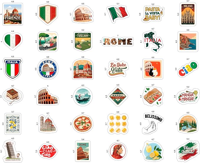 100Pcs Italy Stickers for Scrapbooking, for Luggage, for Water Bottle - Italian Stickers and Decals - Italy Party F avors - Gift for Women & Men