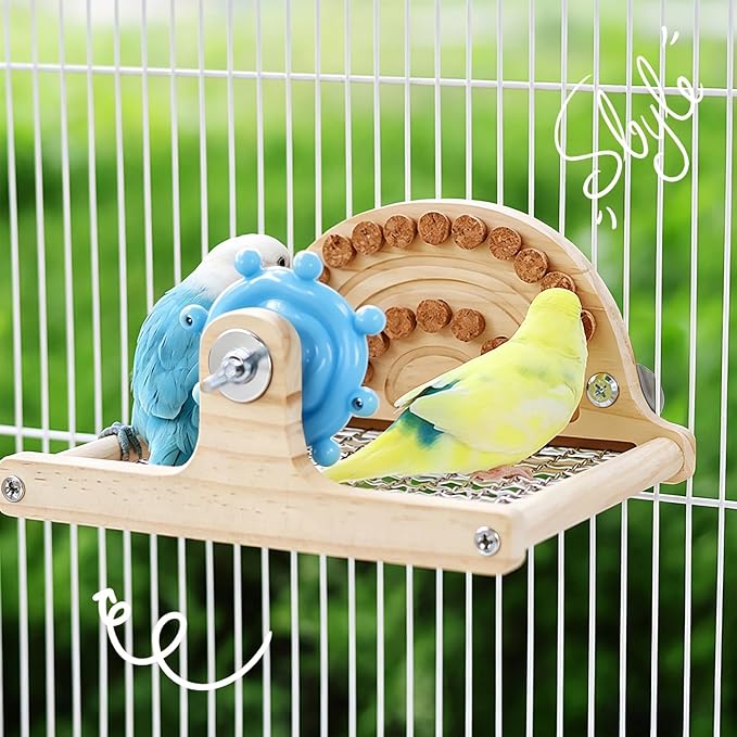 Bird Perches Platform,Stainless Steel Bird Stand with Rotating Spinner & Natural Cork Chew Toy,9.1''L*6.5''W*4.3''H Grid Parrot Perch Stand Shelf,Bird Cage Accessories for Small/Medium Parrots