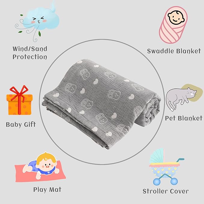 NTBAY 3 Layer Muslin Cotton Toddler Blanket, Jacquard Reversible Nursery Bed Blanket, Super Soft and Thermal for All Seasons, Decoration Gift, 30"x40", Dark Grey Rabblt