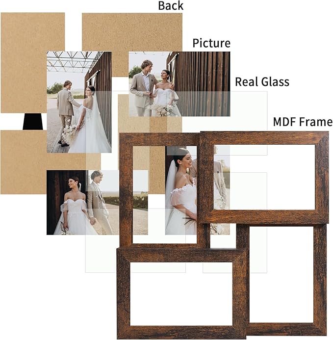 4x6 Collage Picture Frame,4 Photo Frame with Real Glass,Family Picture Frame Collage Wall Hanging or Tabletop Display,Rustic Brown