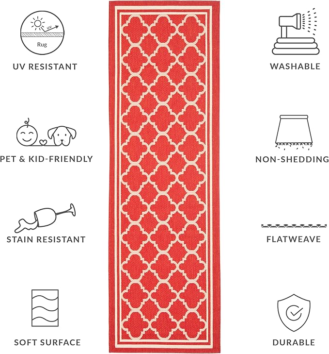 SAFAVIEH Washable Rug Outdoor Courtyard Collection - 2'3" x 6'7" Runner, Red & Bone, Non-Shedding & Easy Cleaning, Ideal for Patio, Entryway, Mudroom, Hallway, Kitchen (CY6918-248)
