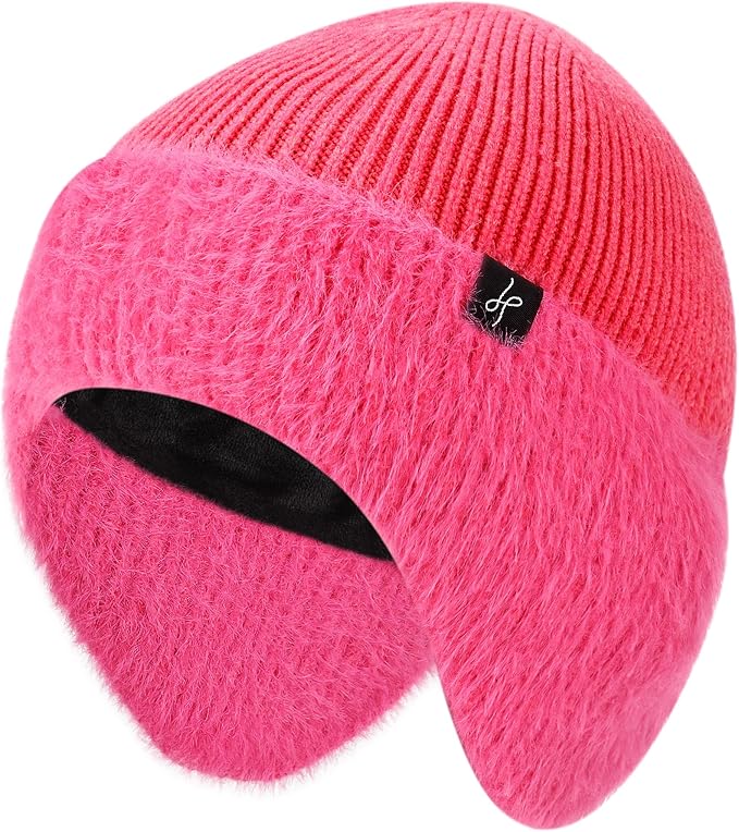 Winter Fleece-Lined Beanie with Earflaps, Warm Windproof Unisex Beanie Hat for Skiing, Hiking & Outdoor Winter Sports