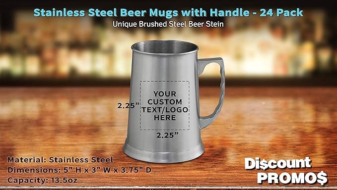 Custom Stainless Steel Beer Stein Mug 13.5 oz. Set of 24, Personalized Bulk Pack - Great for Restaurant, Brewery, Pub - Silver
