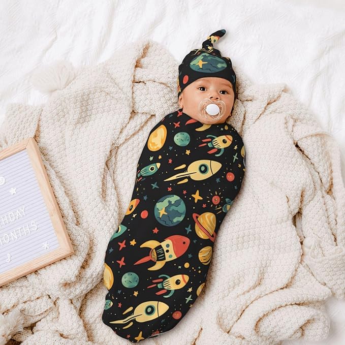 Newborn Swaddle Blankets and Hat Set Soft Cotton Baby Swaddle Wrap Warm Infant Receiving Blanket Space-8