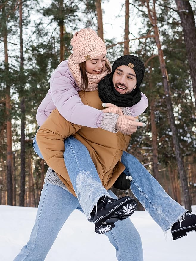 Winter Beanie Hat Scarf Gloves, Warm Fleece Knit Hats Touch Screen Gloves Neck Scarf Set Winter Gifts for Unisex Adult